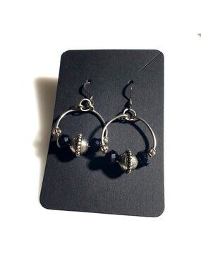 Handcrafted Dangle Hoop Earrings Black Beads Artisan Boho Lightweight Jewelry